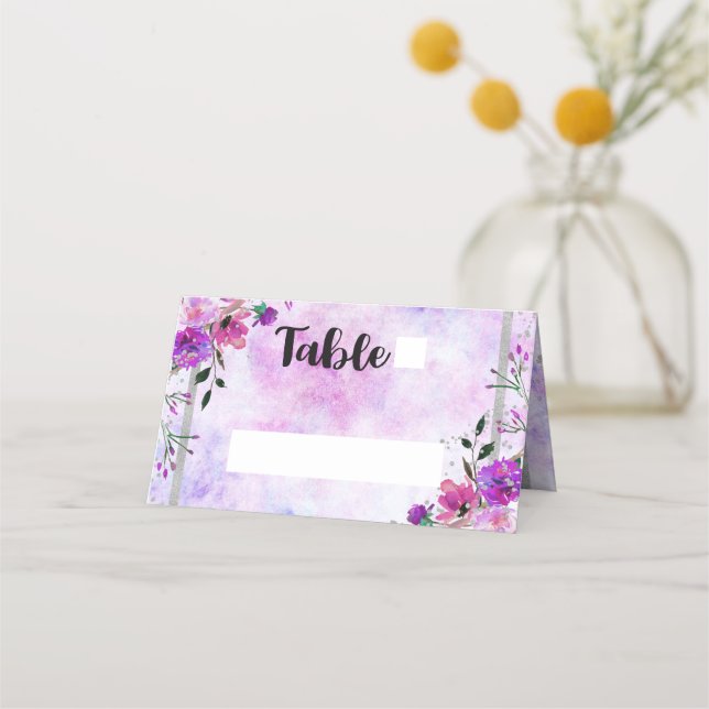 Purple Floral & Silver Frame Name Table Number Place Card (Front)