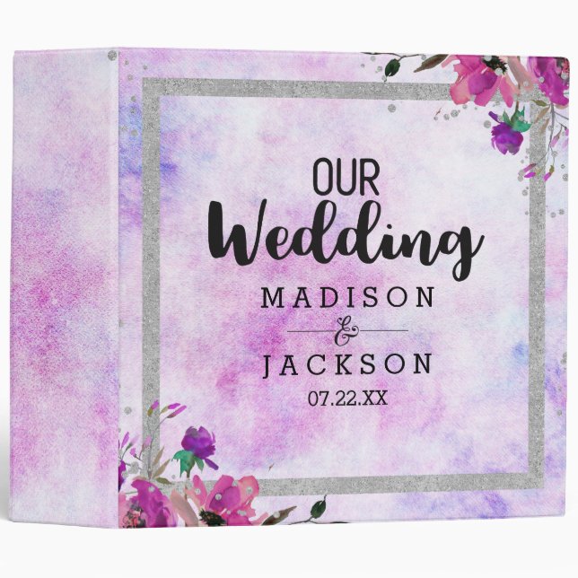 Purple Floral & Silver Frame Wedding Photo Album Binder (Front/Spine)
