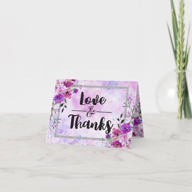 Purple Floral & Silver Frame Wedding Thank You Card (Front)
