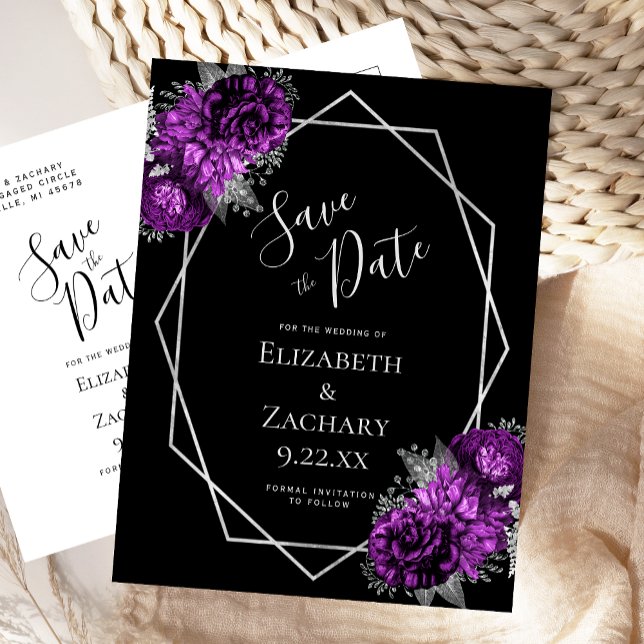Purple Floral Silver Geo Frame Black Save the Date Postcard (Creator Uploaded)