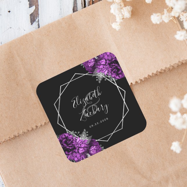 Purple Floral Silver Geometric Black Wedding Square Sticker (Creator Uploaded)
