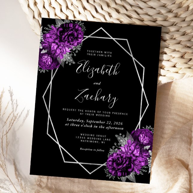 Purple Floral Silver Geometric Frame Black Wedding Postcard (Creator Uploaded)