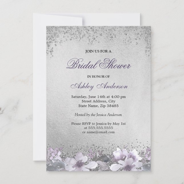 Purple Floral Silver Glitter Bridal Shower Invite (Front)