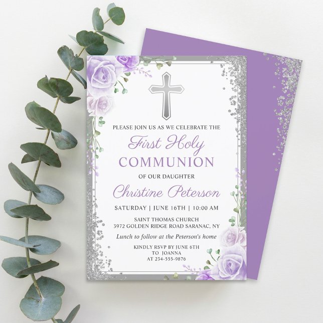 Purple Floral Silver Glitter First Holy Communion Invitation (Creator Uploaded)