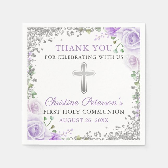 Purple Floral Silver Glitter First Holy Communion Napkin (Front)