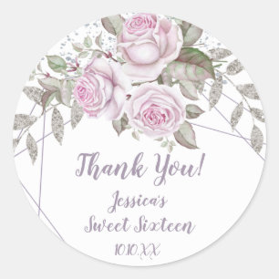 Purple Floral Silver Glitter Geoemtric Classic Round Sticker