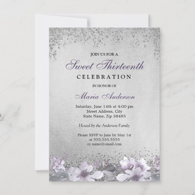 Purple Floral Silver Shimmer Sweet 13 Invitation (Devant)