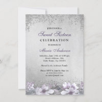 Purple Floral Silver Shimmer Sweet 16 Invite