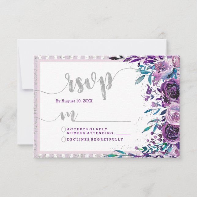 Purple Floral & Silver Wedding RSVP Response (Front)