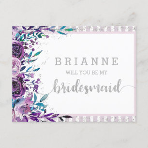 Purple Floral & Silver Will You Be My Bridesmaid Invitation