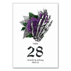 Purple Floral Skeleton Gothic Wedding Table Number