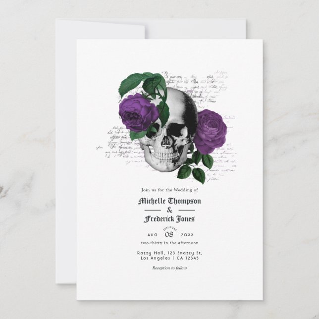 Purple Floral Skull Gothic Wedding Invitation (Front)