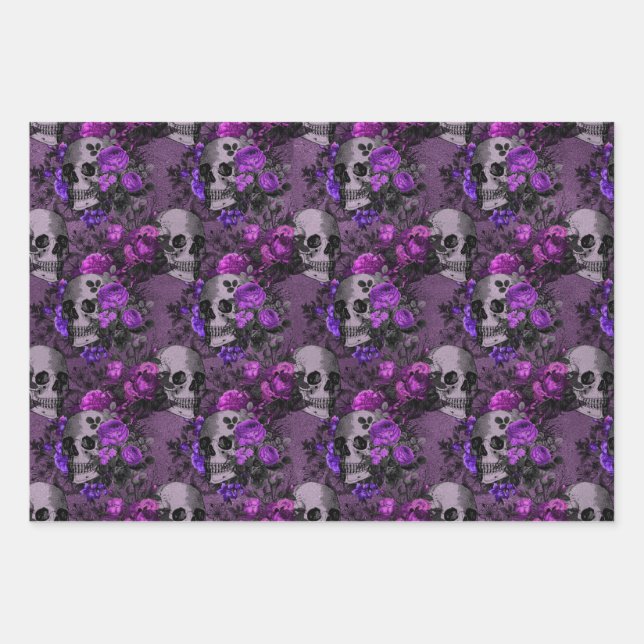 Purple Floral Skulls Wrapping Paper Sheet (Front)