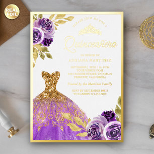 Purple Floral Sparkle Dress Quinceanera Gold