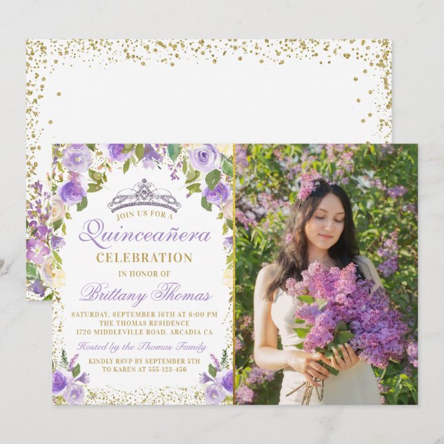 Purple Floral Sparkle Gold Quinceanera Photo Invitation (Front/Back)