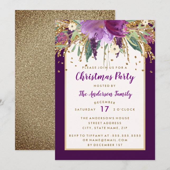 Purple Floral Sparkling Amethyst Christmas Party Invitation (Front/Back)