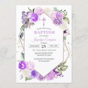 Purple Floral Spring Baptism Invitation