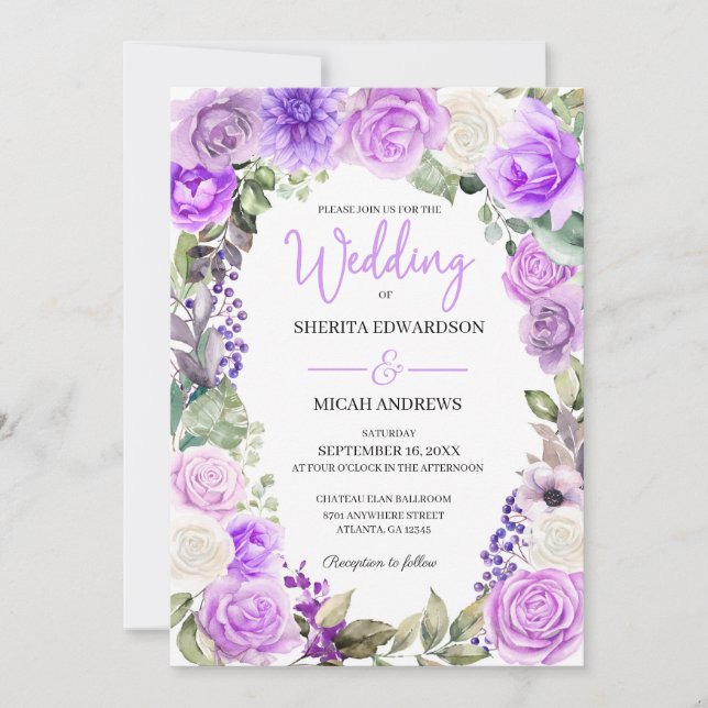 Purple Floral Spring Wedding Invitation (Front)