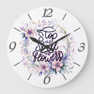Purple floral stop and smell the flowers large clock