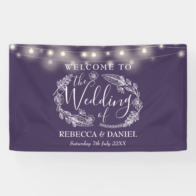 Purple Floral String Lights Script Wedding Banner (Horizontal)