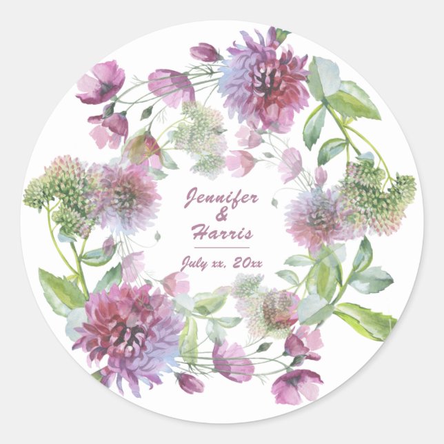 Purple Floral Summer In Bloom Wedding Classic Round Sticker (Front)