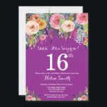 Purple Floral Surprise 16th Birthday Invitation<br><div class="desc">Purple Floral Surprise 16th Birthday Invitation for Girl. Watercolor Floral Flower. Purple Lilac Lavender Violet Background. Pink, Yellow, Orange, Purple Flower. Adult Birthday. 13th 15th 16th 18th 20th 21st 30th 40th 50th 60th 70th 80th 90th 100th, Any Ages. For further customization, please click the "Customize it" button and use our...</div>