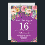 Purple Floral Surprise 16th Birthday Invitation<br><div class="desc">Purple Floral Surprise 16th Birthday Invitation for Girl. Watercolor Floral Flower. Purple Lilac Lavender Violet Background. Pink, Yellow, Orange, Purple Flower. Adult Birthday. 13th 15th 16th 18th 20th 21st 30th 40th 50th 60th 70th 80th 90th 100th, Any Ages. For further customization, please click the "Customize it" button and use our...</div>
