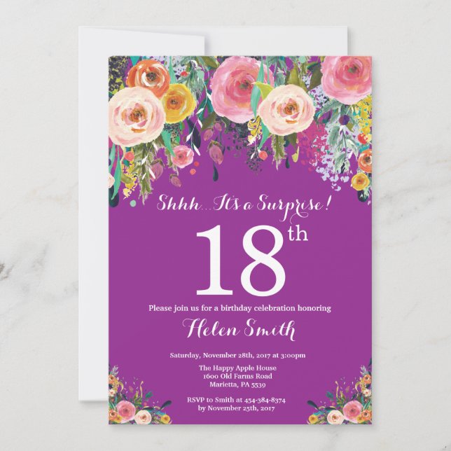 Purple Floral Surprise 18th Birthday Invitation (Front)