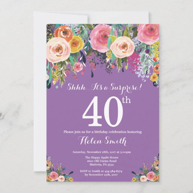 Purple Floral Surprise 40e anniversaire Invitation (Devant)