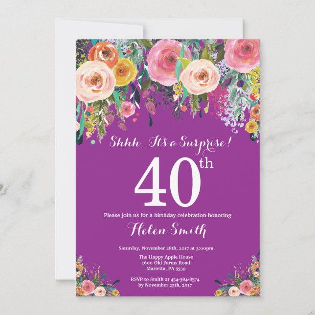 Purple Floral Surprise 40th Birthday Invitation (Front)