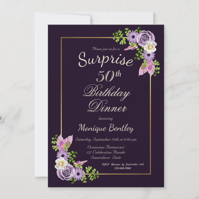 Purple Floral Surprise 50th Birthday Dinner Invitation (Front)