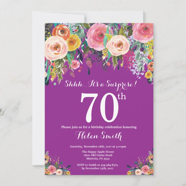 Purple Floral Surprise 70e anniversaire Invitation (Devant)