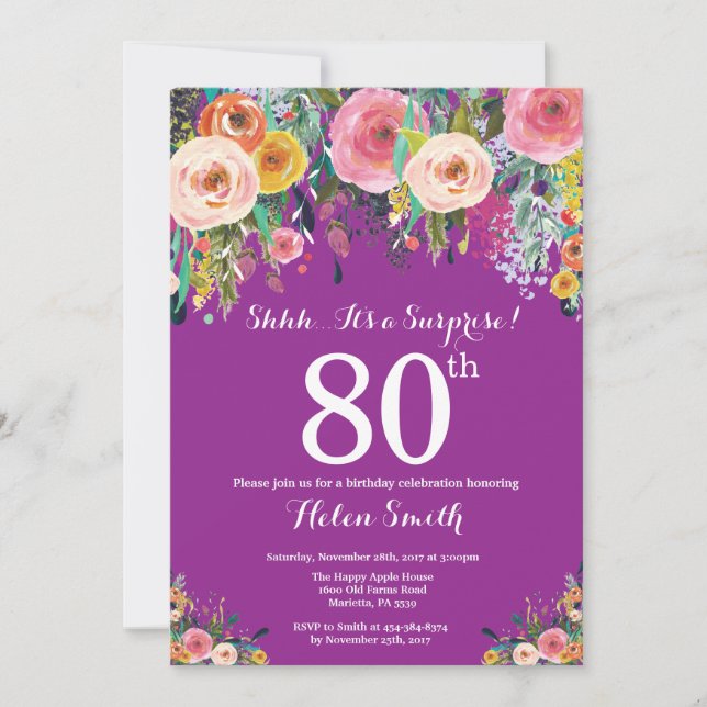 Purple Floral Surprise 80th Birthday Invitation (Front)