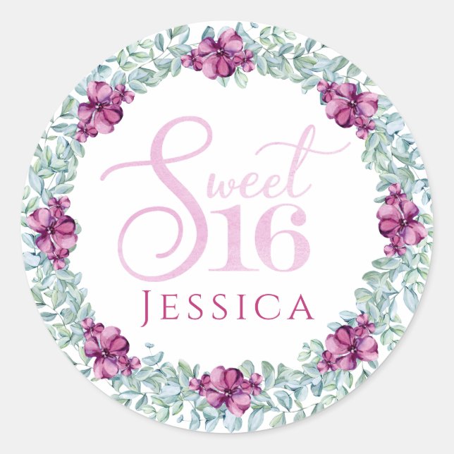 Purple Floral Sweet 16 Classic Round Sticker (Front)