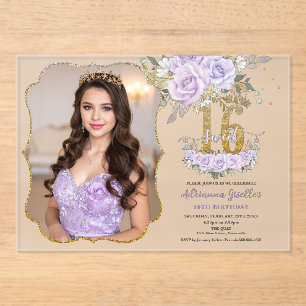 Purple Floral Sweet Sixteen 16th Birthday Photo Acrylic Invitations