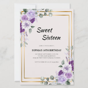 Purple Floral Sweet Sixteen with Gold Frame Invitation