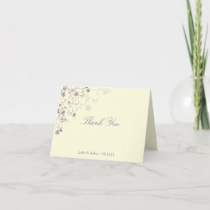 Purple Floral Swirls on Cream Wedding Thank You Card