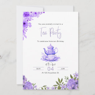 Purple Floral Tea Party Anniversaire Invitation