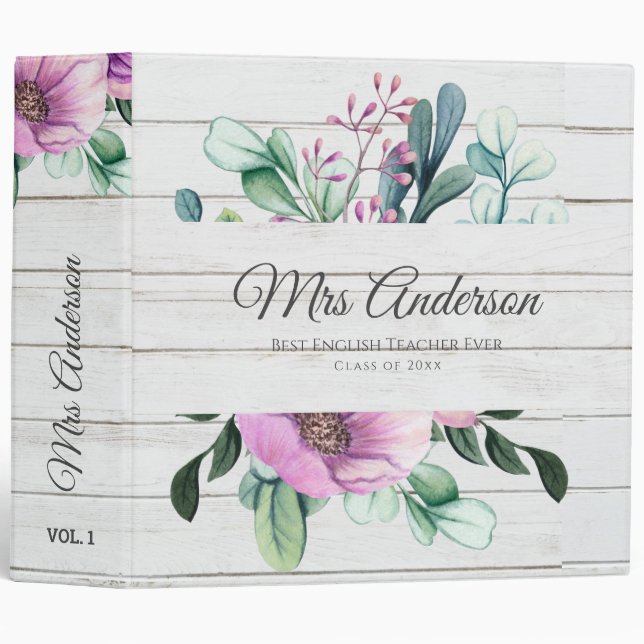 Purple Floral TEACHER Gift - Add Name Class Year Binder (Front/Spine)