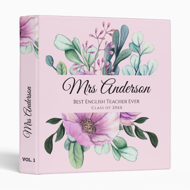 Purple Floral TEACHER Gift - Add Name Class Year Binder (Front/Spine)