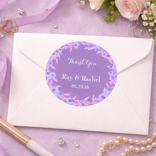 Purple floral Thank You Classic Round Sticker (Creator Uploaded)