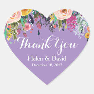 Purple Floral Thank You Wedding Favour Stickers