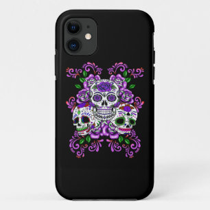 Purple Floral Triple Sugar Skull Day Of The Dead iPhone 11 Case