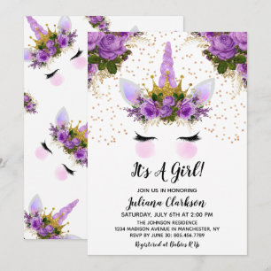 Purple Floral Unicorn Princess Baby Shower Invitation
