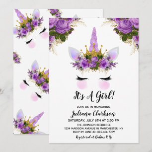 Purple Floral Unicorn Princess Baby Shower Invitation