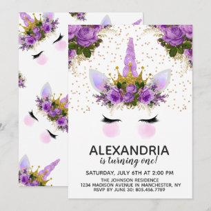 Purple Floral Unicorn Princess Birthday Invitation