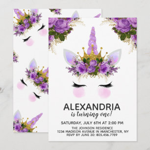 Purple Floral Unicorn Princess Birthday Invitation