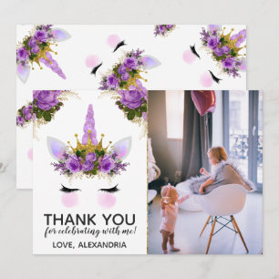 Purple Floral Unicorn Princess Thank You Invitation