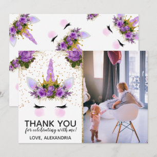 Purple Floral Unicorn Princess Thank You Invitation