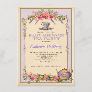 Purple Floral Vintage Baby Tea Party Invitation de